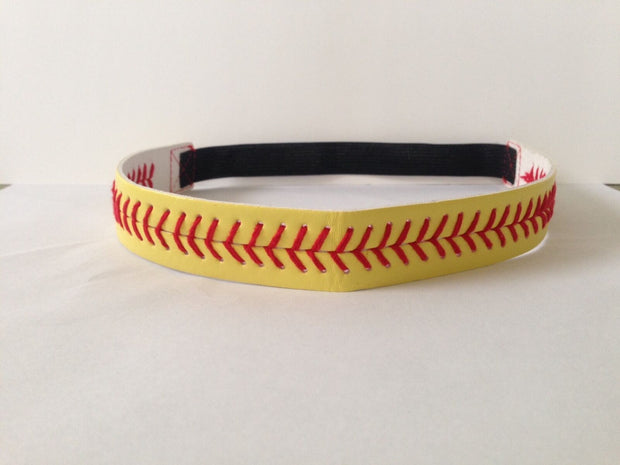 Leather Softball Headband Yellow with Red Seam Lace Wholesale Fast Pitch