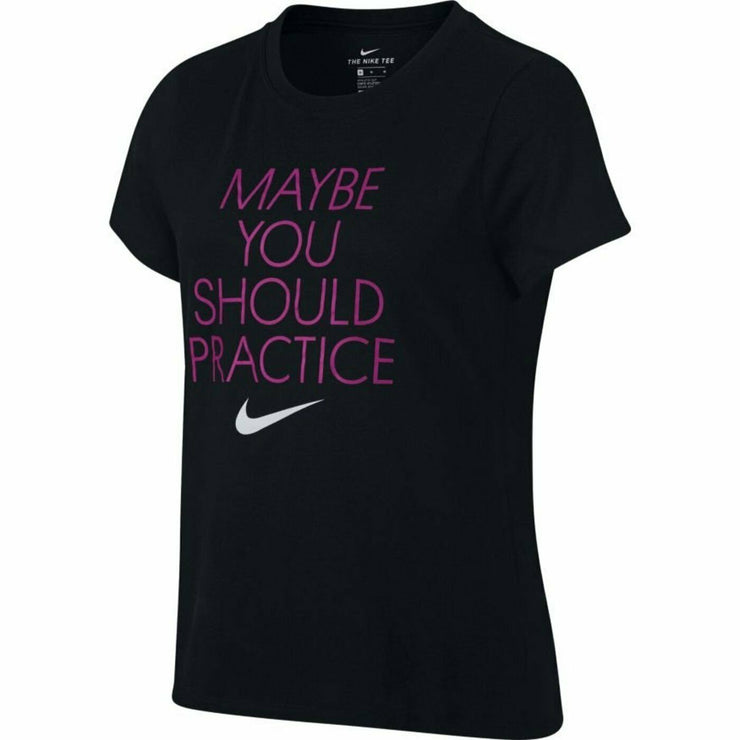 Nike Girls Maybe You Should Practice Swoosh Graphic Cotton Shirt Black New
